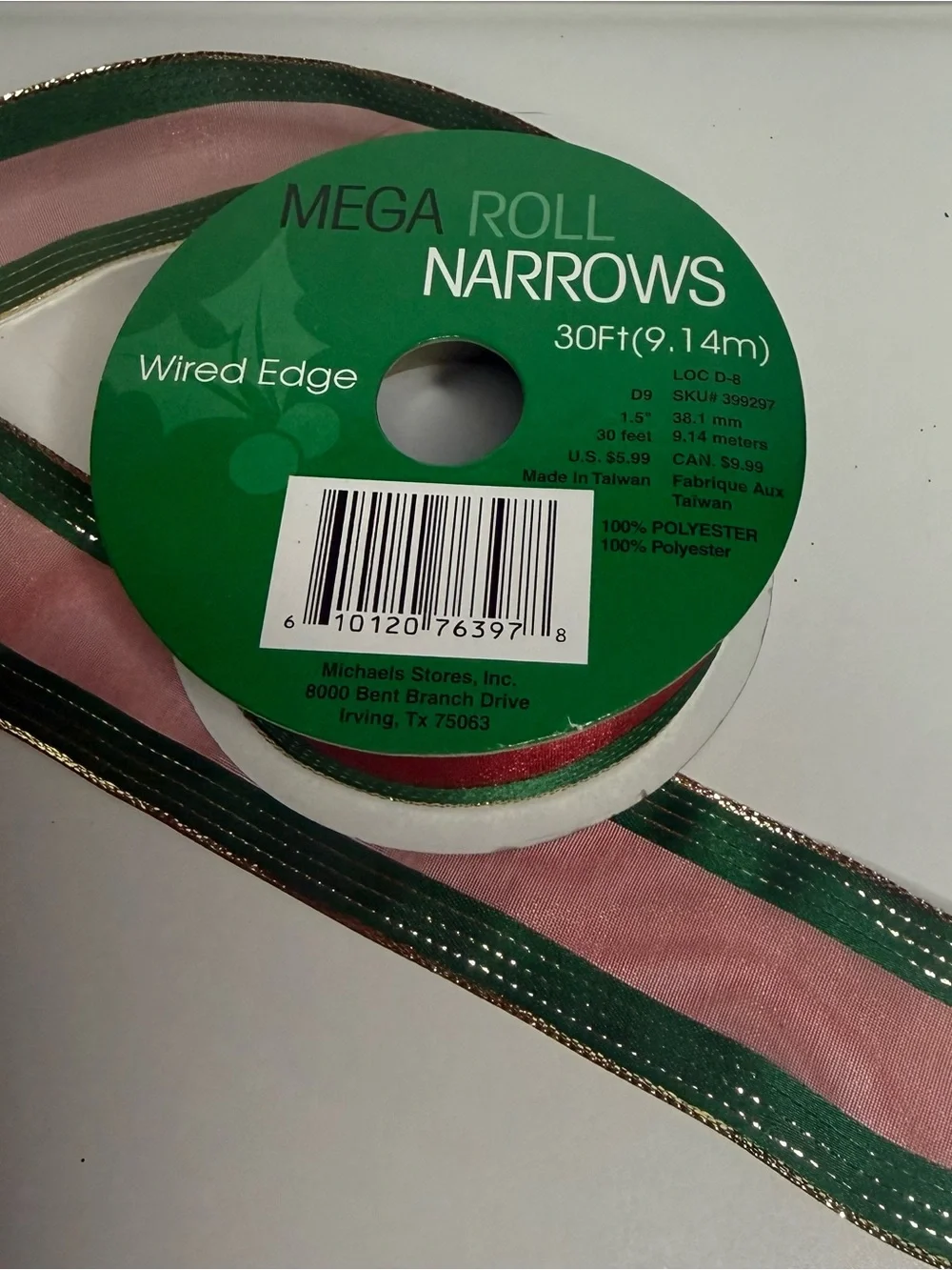 Mega Roll Narrows Wired Edge Ribbon - Green & Red with Gold Trim